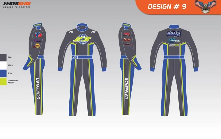 Design proof #9: charcoal suit with blue and yellow stripes, four views