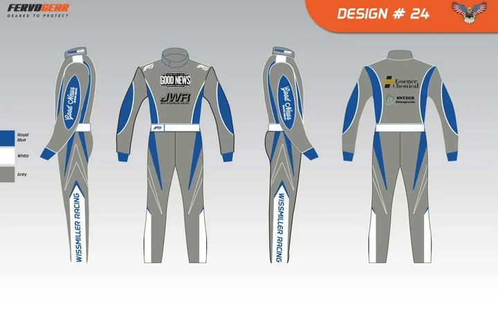 Design proof #24: grey suit with blue and white panels, four views