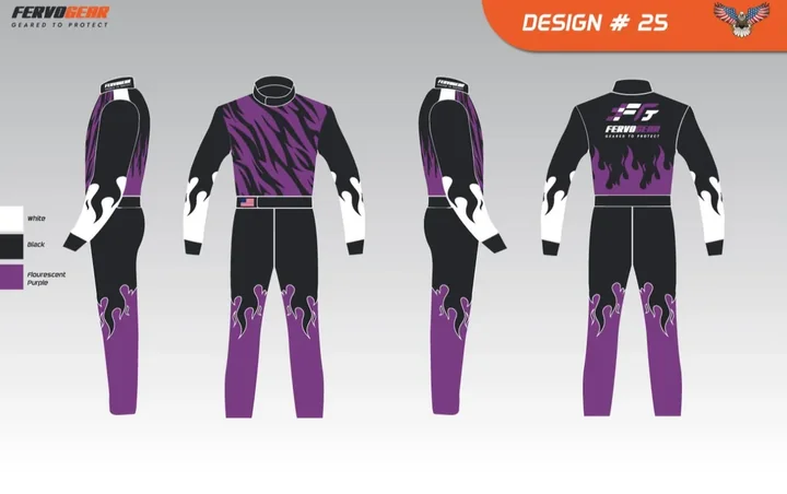 Design proof #25: black suit with purple flames, four views