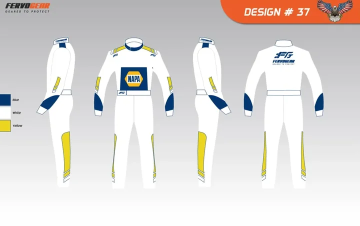 Design proof #37: white suit with yellow panels, four views