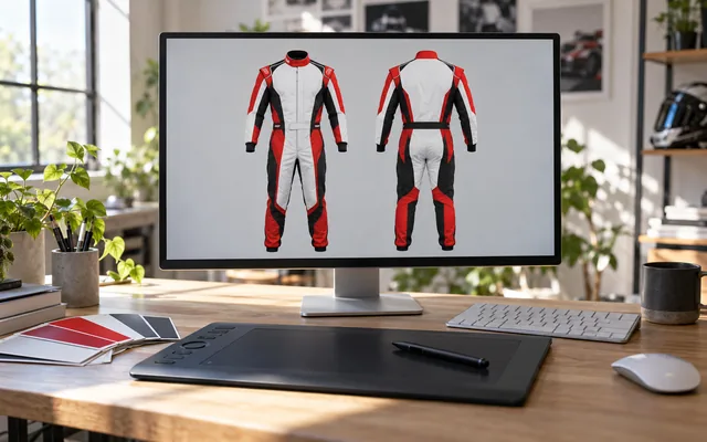 A designer's monitor showing a race suit proof