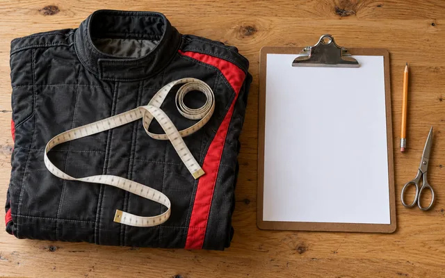 A measuring tape and clipboard on a folded race suit