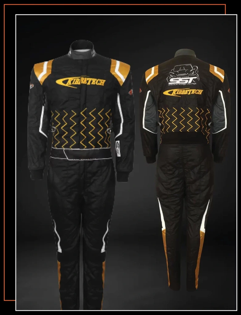 Finished custom-built SFI-5 race suit — FervoGear design 11, hand-stitched to the driver's measurements