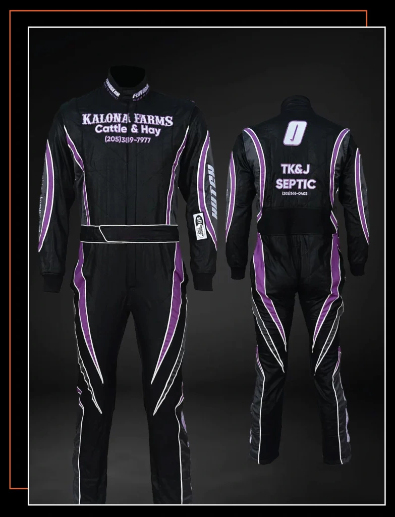 Finished custom-built SFI-5 race suit — FervoGear design 20, hand-stitched to the driver's measurements
