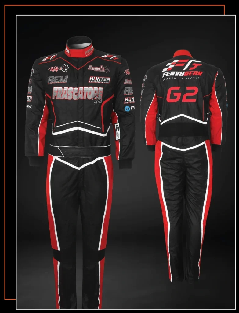 Finished custom-built SFI-5 race suit — FervoGear design 18, hand-stitched to the driver's measurements