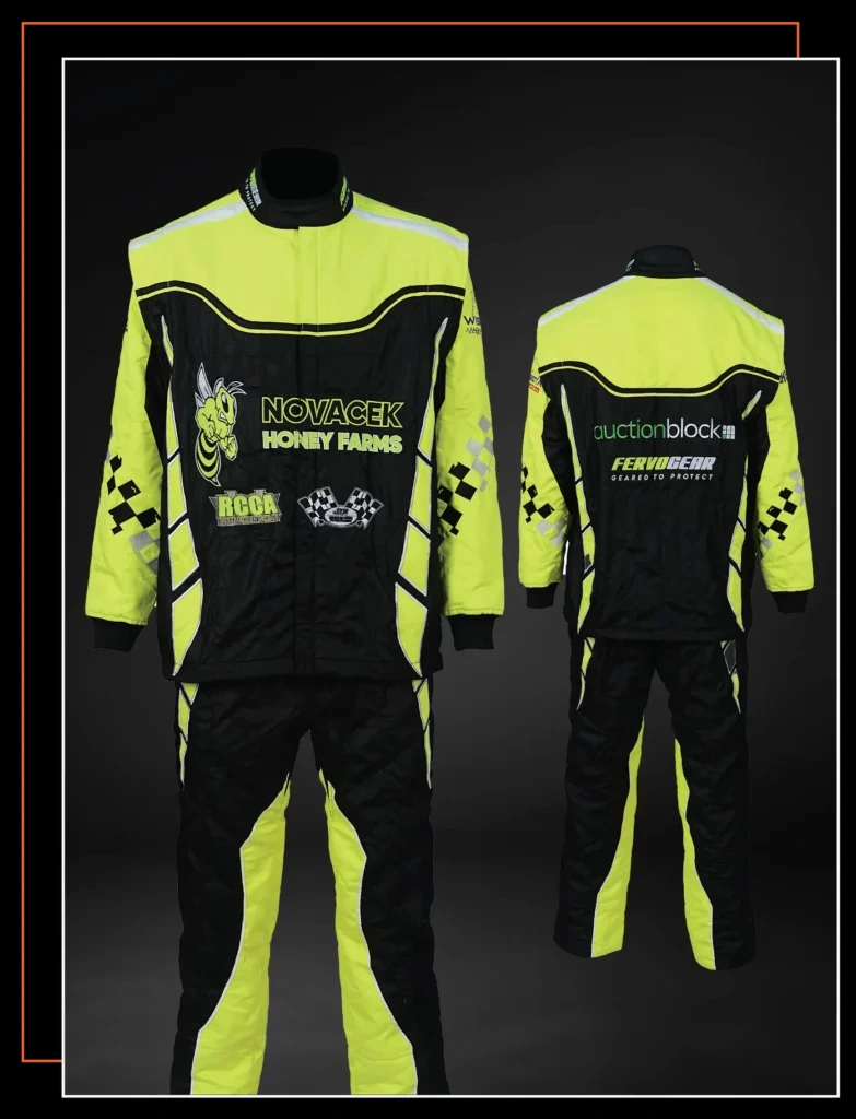 Finished custom-built SFI-5 race suit — FervoGear design 12, hand-stitched to the driver's measurements