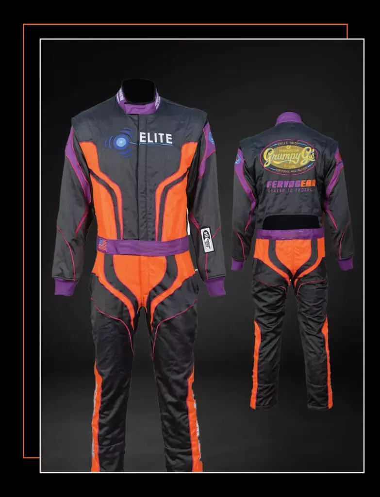 Finished custom-built SFI-5 race suit — FervoGear design 14, hand-stitched to the driver's measurements