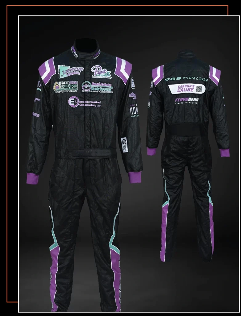 Finished custom-built SFI-5 race suit — FervoGear design 15, hand-stitched to the driver's measurements