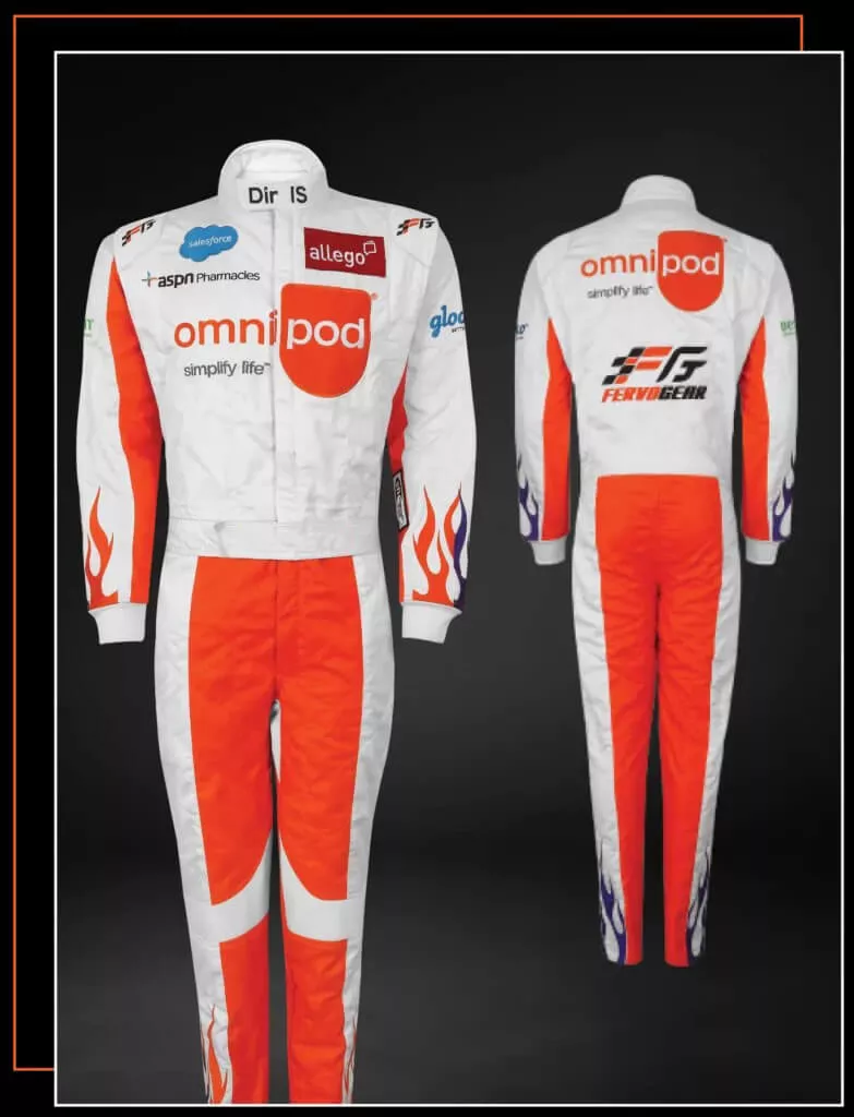 Finished custom-built SFI-5 race suit — FervoGear design 17, hand-stitched to the driver's measurements
