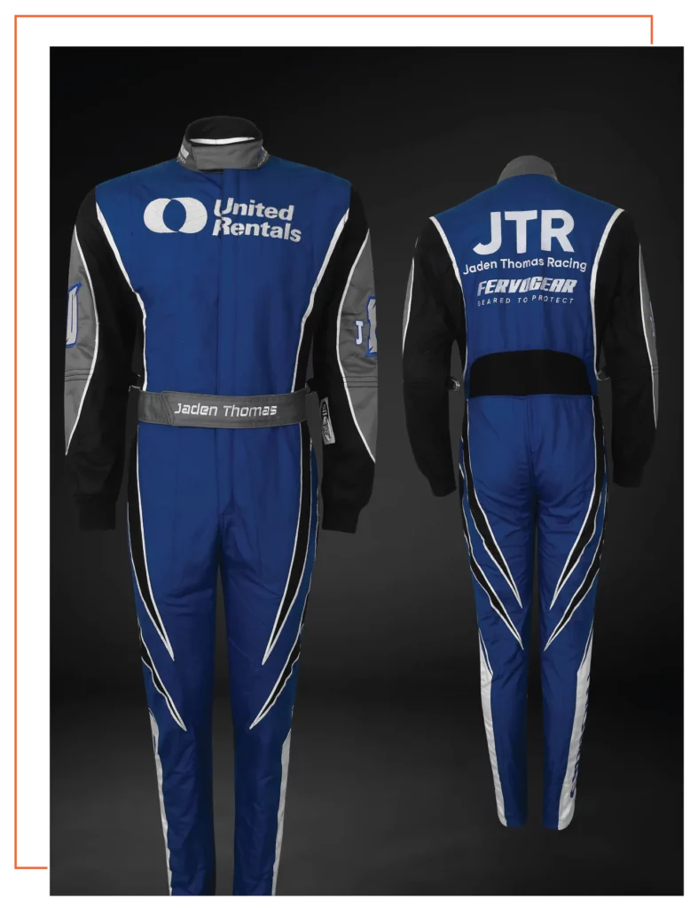 Finished custom-built SFI-5 race suit — FervoGear design 5, hand-stitched to the driver's measurements