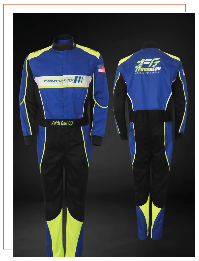 Finished custom-built SFI-5 race suit — FervoGear design 8, hand-stitched to the driver's measurements