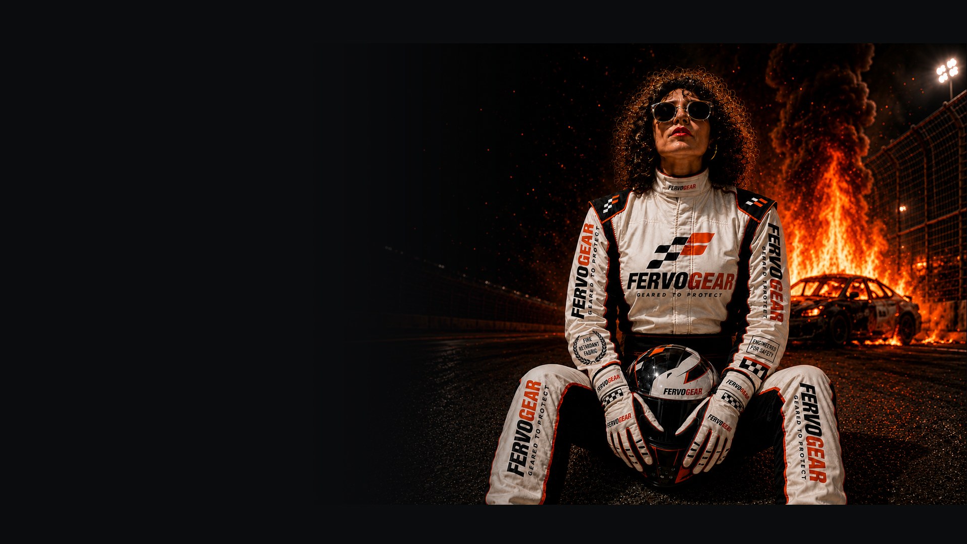 Driver in a custom SFI-certified FervoGear race suit on a night track with a burning car behind — built to save lives